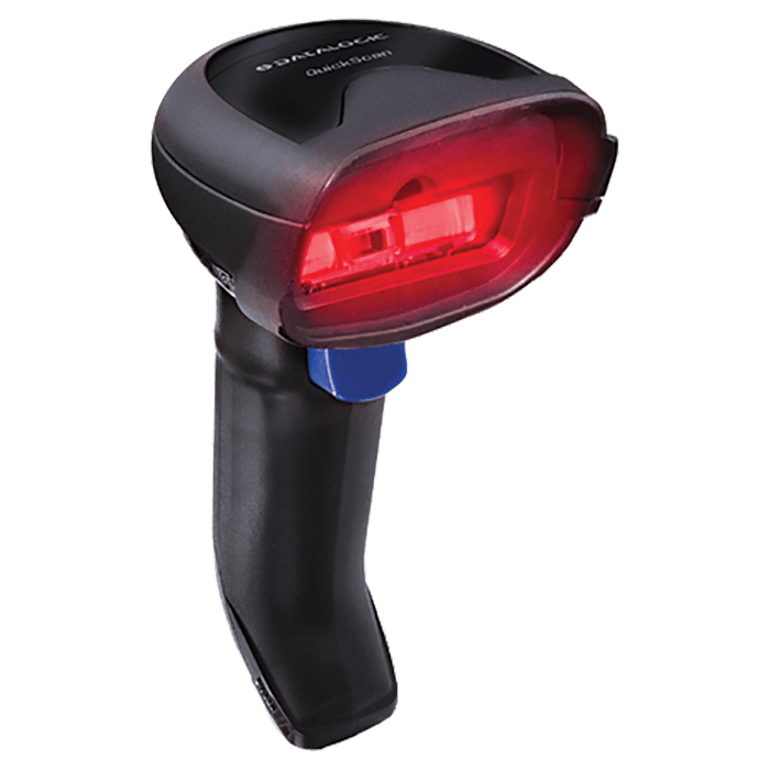 Datalogic QuickScan D2220 handheld 1D barcode scanner in black, front three-quarter view. The hands-free stand supplied with this configuration is not shown.