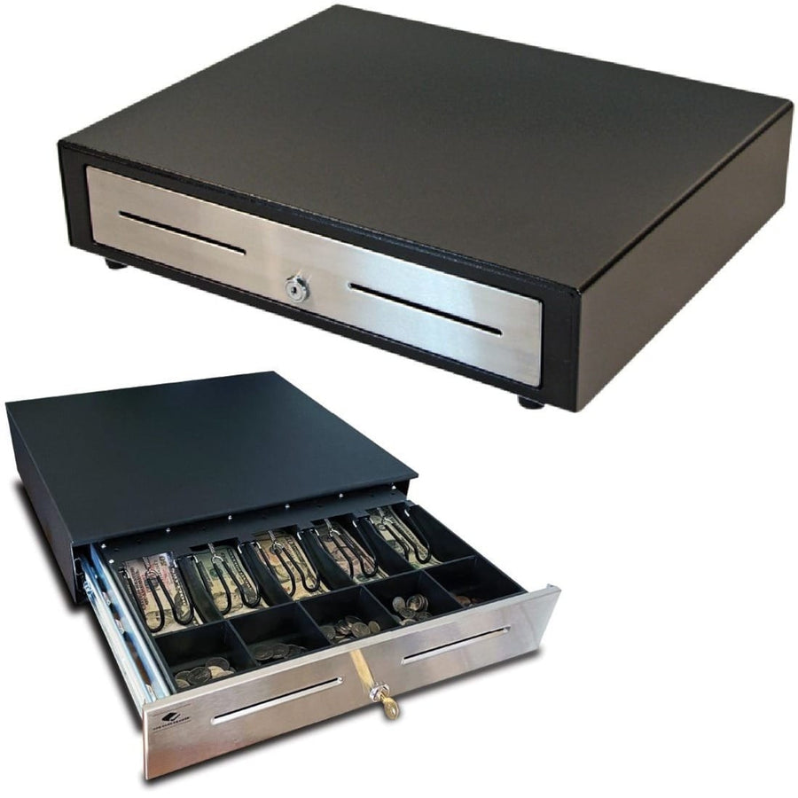 APG Vasario cash drawer with stainless steel front, shown closed and open with a 5 bill / 5 coin till