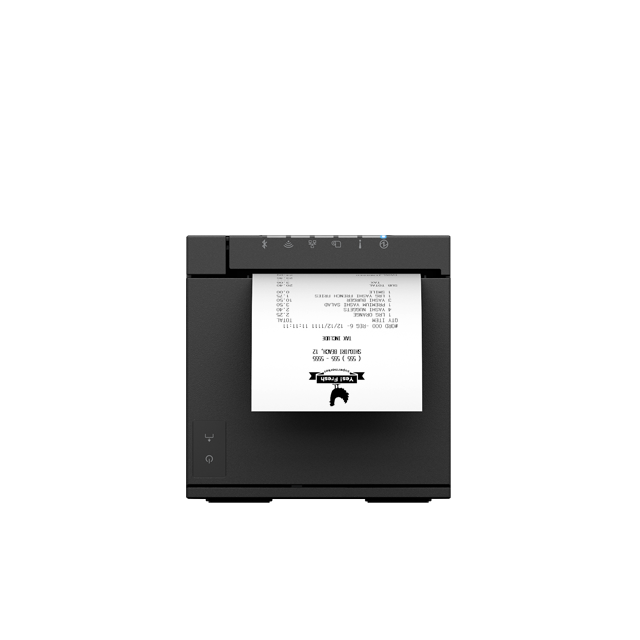 Epson TM-m30III thermal receipt printer in Epson Black, front view with receipt