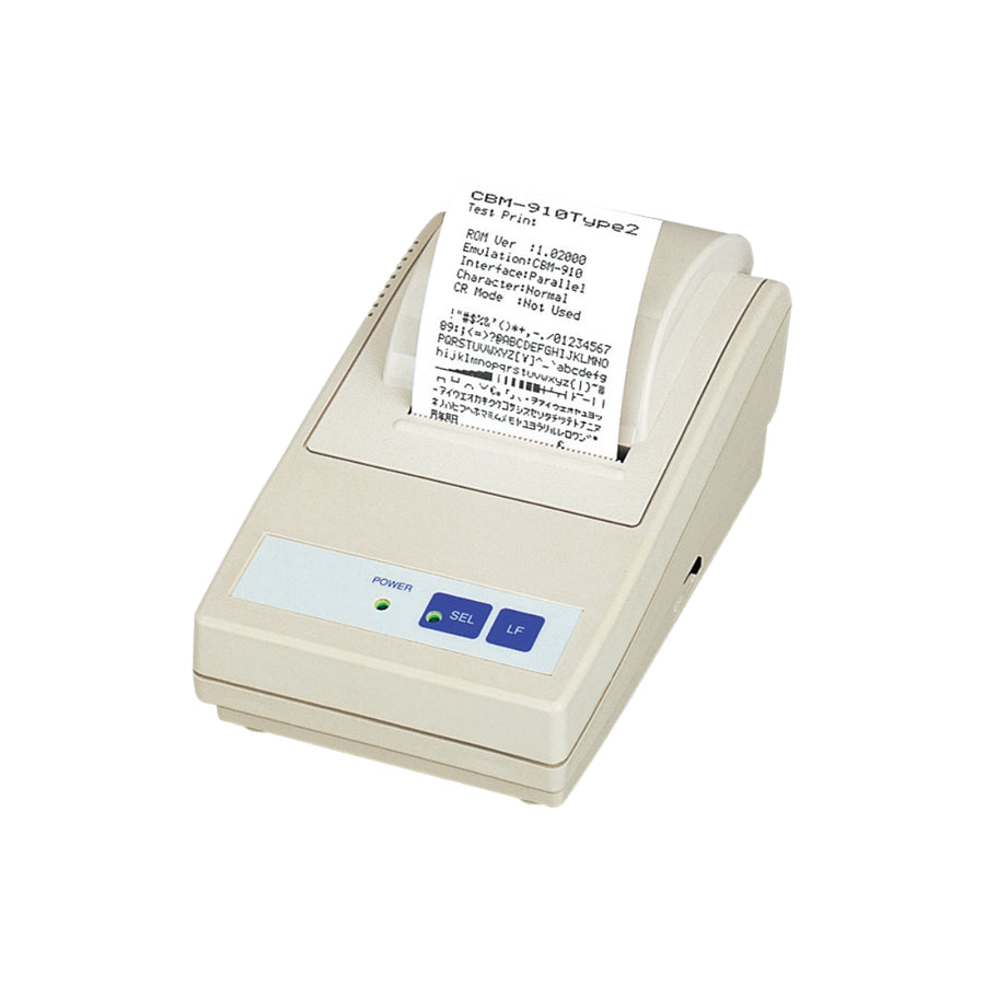 Citizen CBM-910II compact impact POS printer in ivory with test print, front three-quarter view