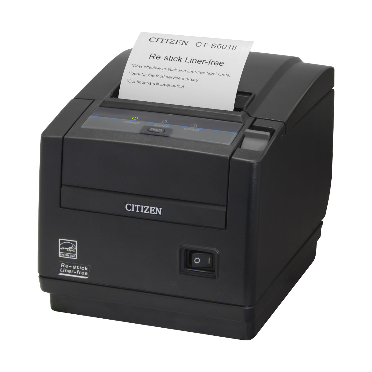 Citizen CT-S601 Type II Thermal POS Printer, RE-STICK Linerless, Wi-Fi and USB, Top Exit, Black