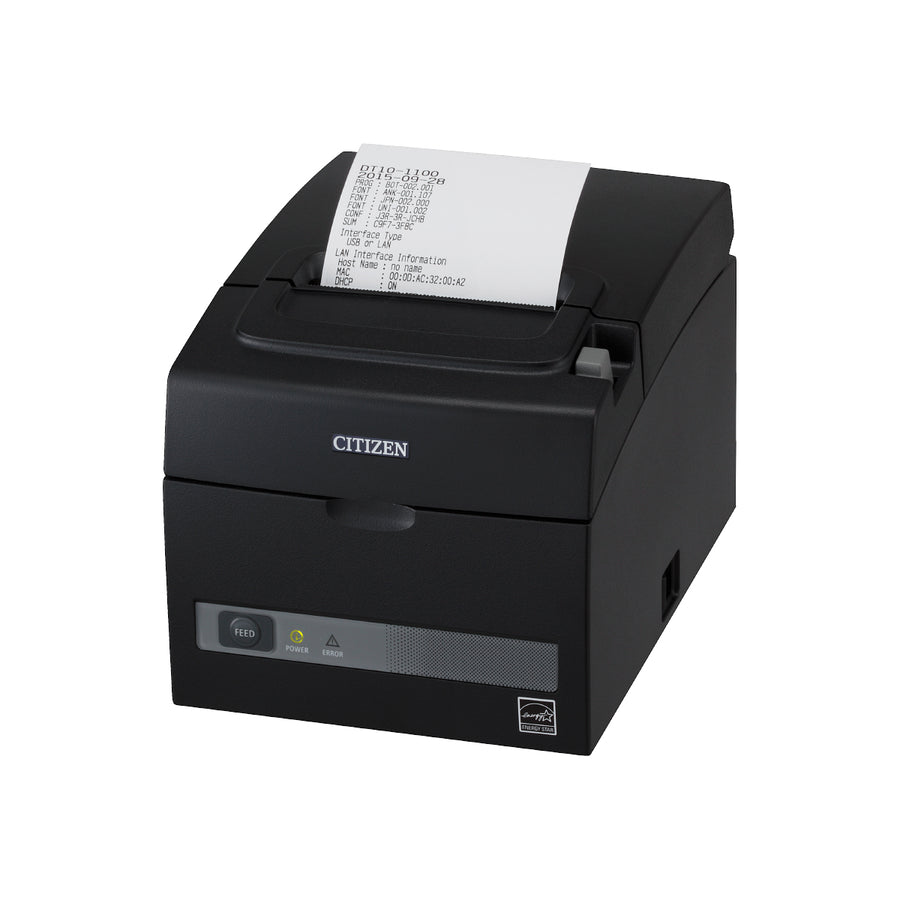 Citizen CT-S310II 3-inch thermal receipt printer in black, front three-quarter view