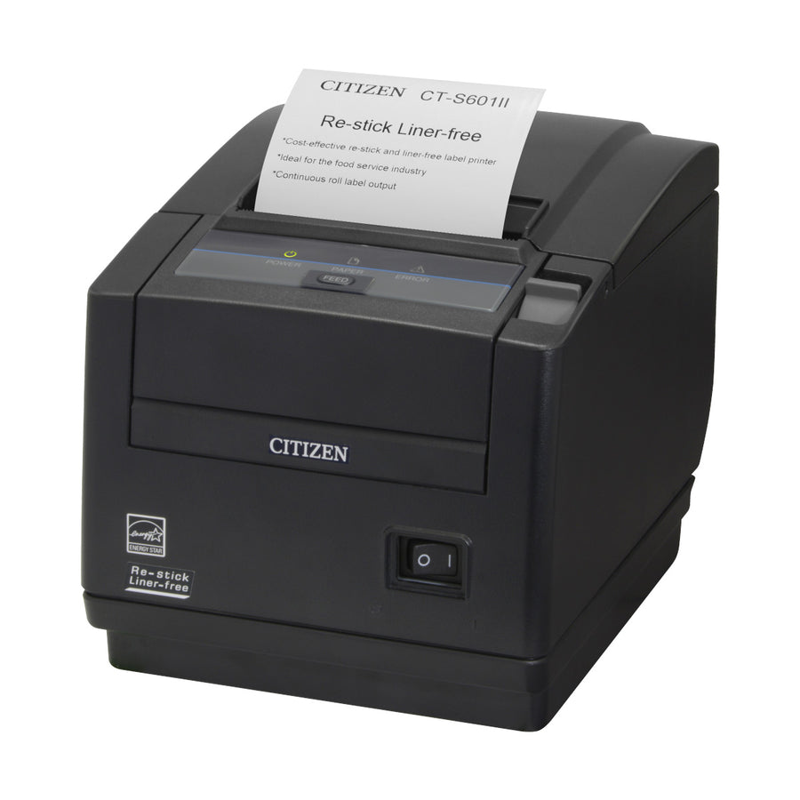 Citizen CT-S601 Type II RE-STICK linerless thermal POS printer in black, top exit, front three-quarter view
