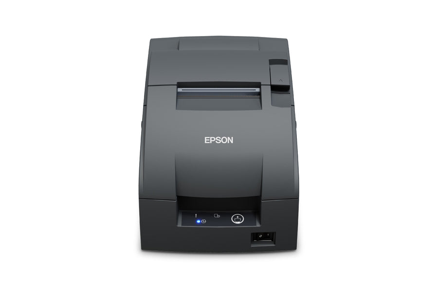 Epson TM-U220IIB impact receipt printer in Epson Dark Gray, head-on. The type B auto-cutter model is shown.