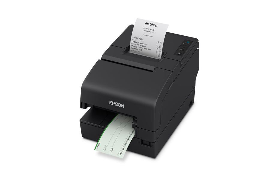 Epson TM-H6000VI multifunction receipt and slip printer in Epson Black, left view with a cheque in the slip station