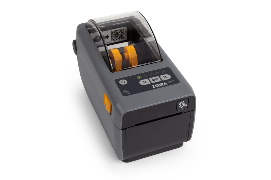 Zebra ZD411 direct thermal desktop label printer, front right view
