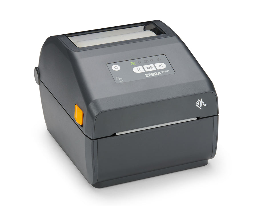 Zebra ZD421 4-inch direct thermal desktop label printer, front right view