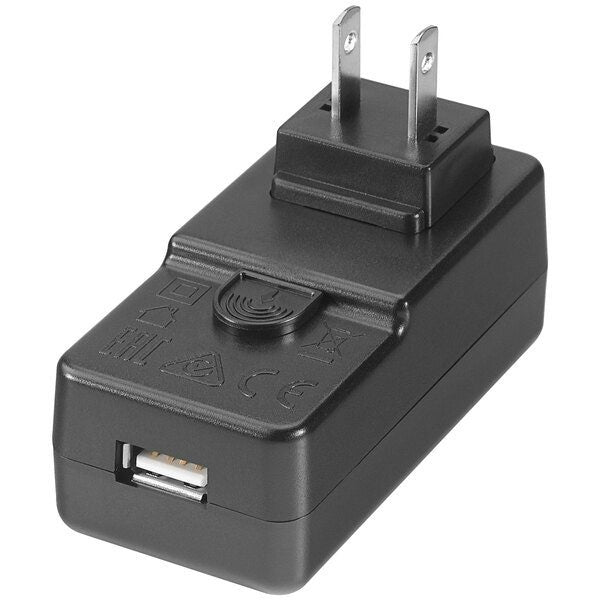 Zebra PWR-WUA5V12W0 USB-A wall power adapter, black, shown here with the US plug clip fitted; the plug clip supplied depends on the country-coded part number ordered