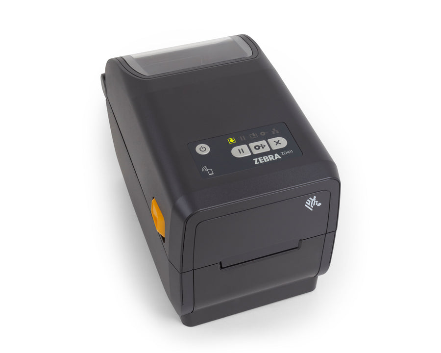 Zebra ZD411 2-inch thermal transfer desktop label printer, front right view