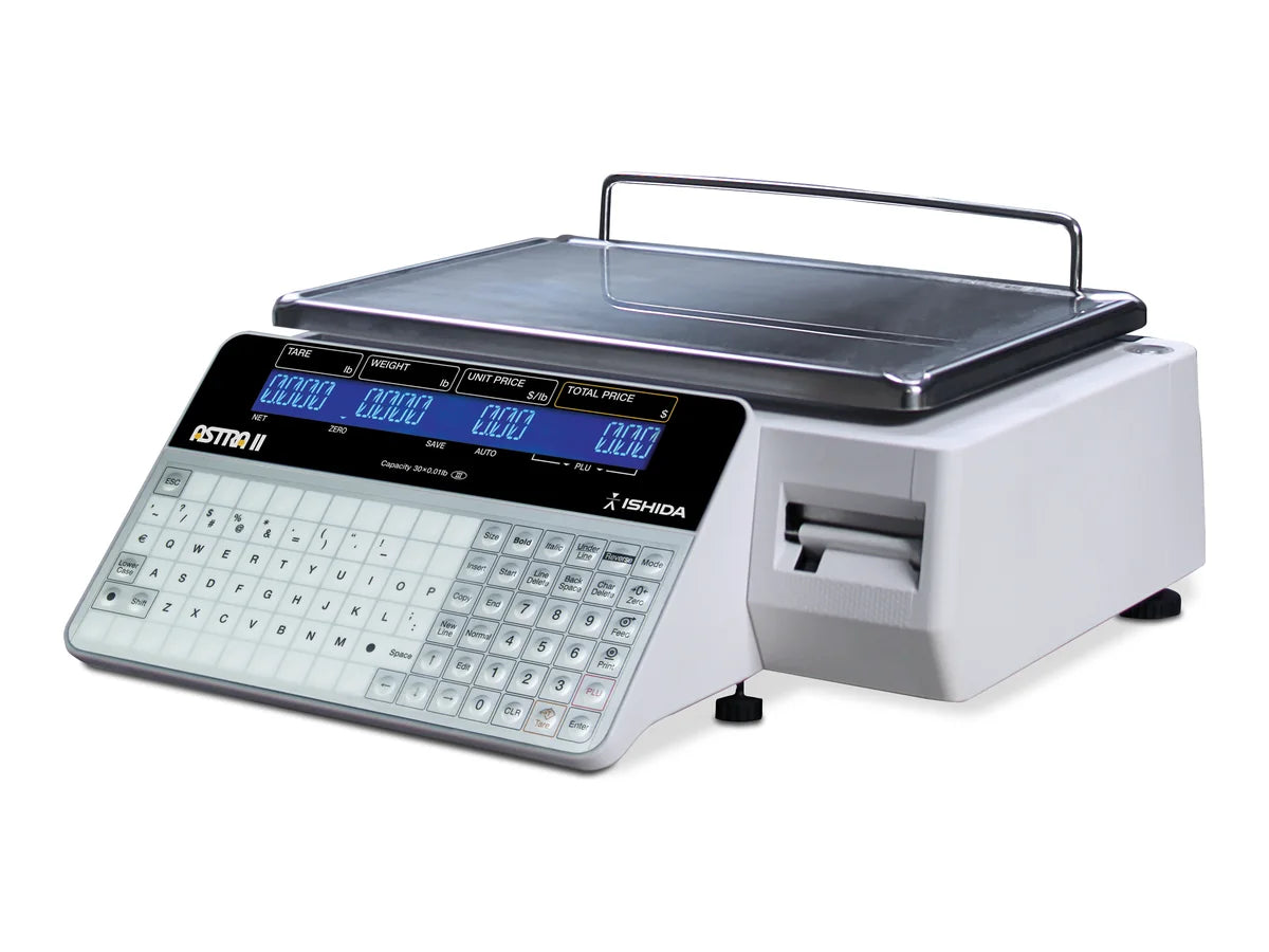 Ishida Astra II price-computing label-printing scale, bench model, with keyboard, blue segmented displays and built-in label printer