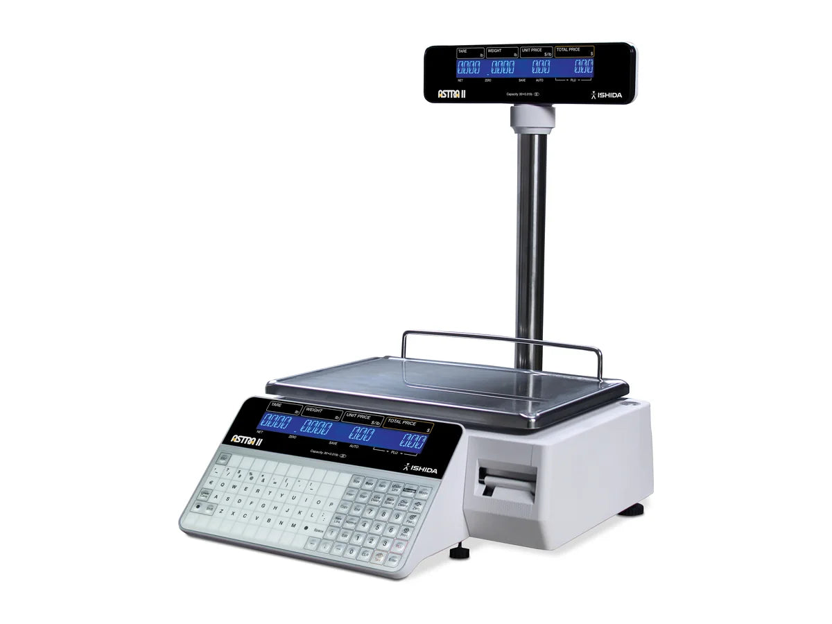 Ishida Astra II price-computing label-printing scale, pole model, with a raised customer display on a pole above the platter