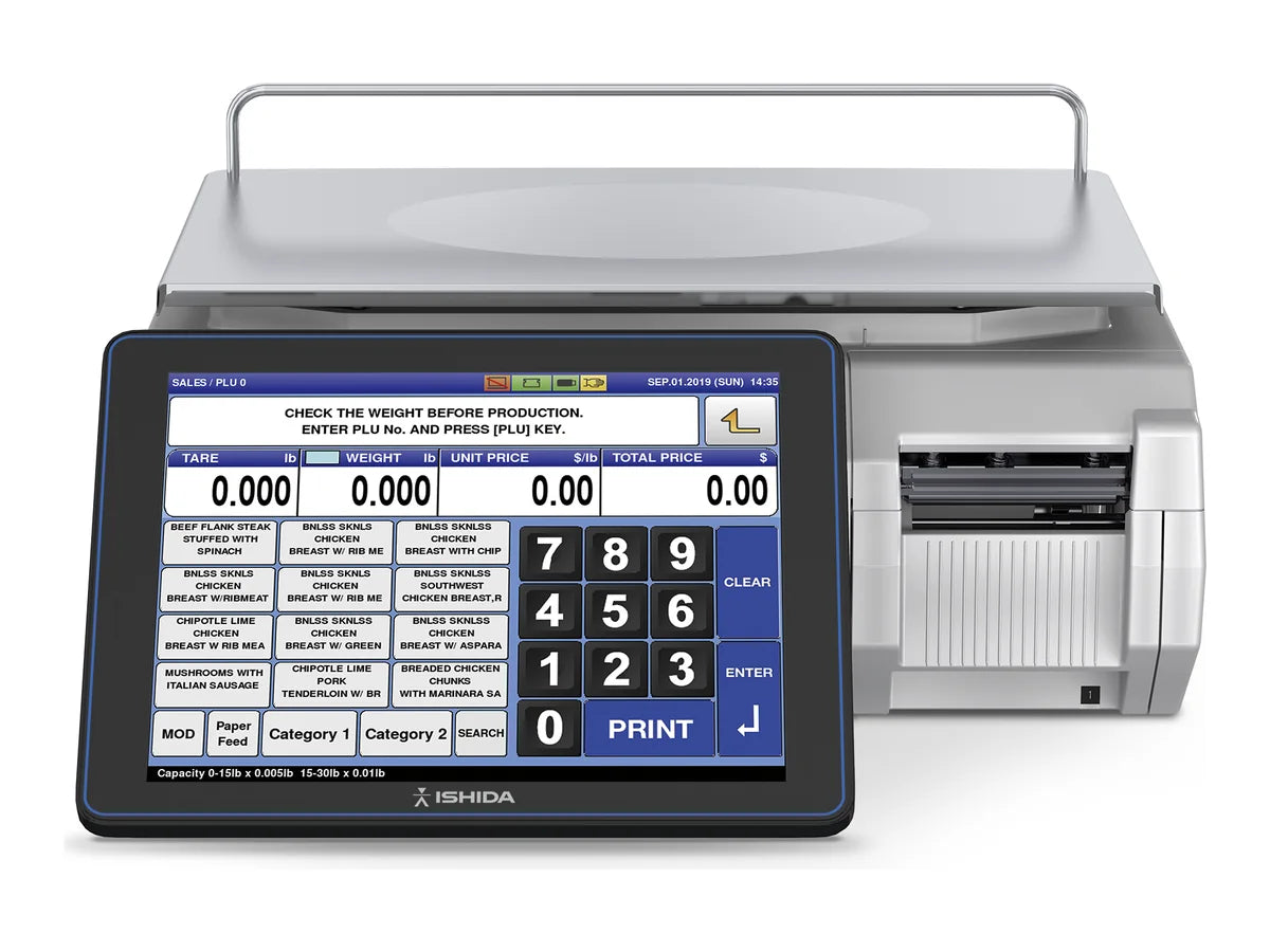 Ishida UNI-10 bench price-computing label-printing scale with a large color touchscreen and a built-in label printer