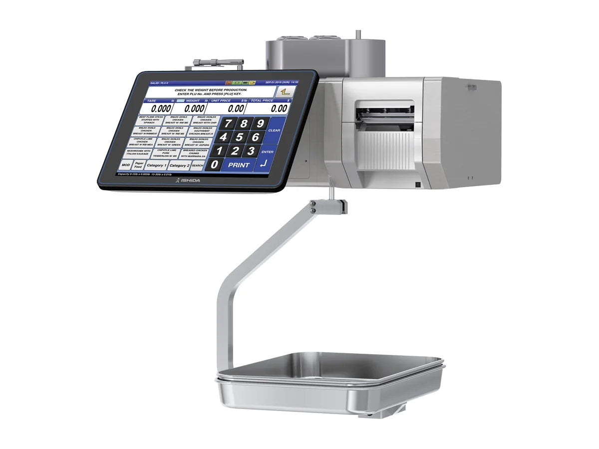 Ishida UNI-10H hanging price-computing label-printing scale with a large PC-based color touchscreen, label printer and hanging platter