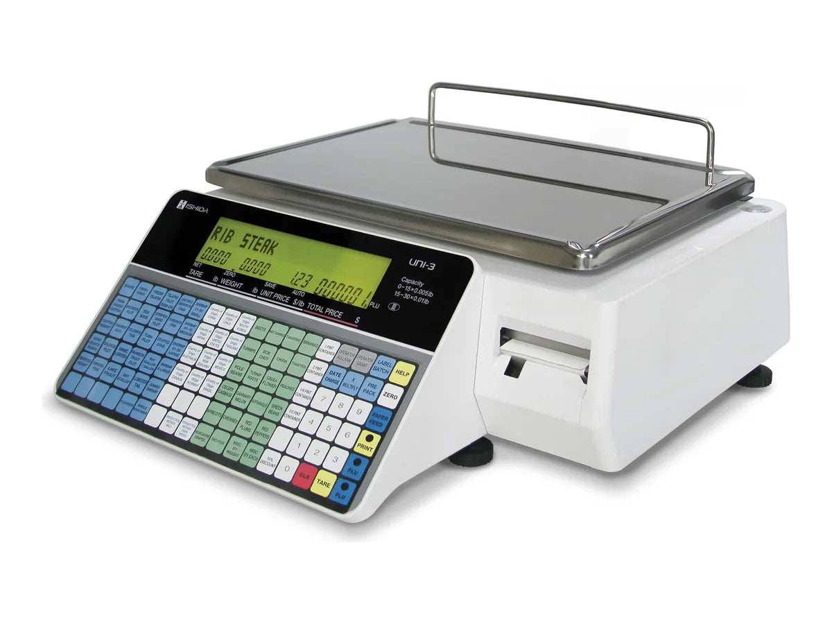 Ishida UNI-3L2 bench price-computing label-printing scale with a two-line LCD display, a keyboard of preset keys and a built-in label printer