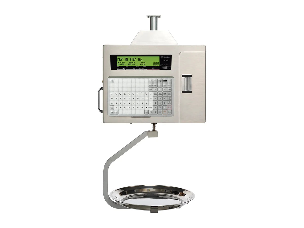 Ishida UNI-3L2H hanging price-computing label-printing scale with a two-line LCD, keyboard, side label door and round hanging platter