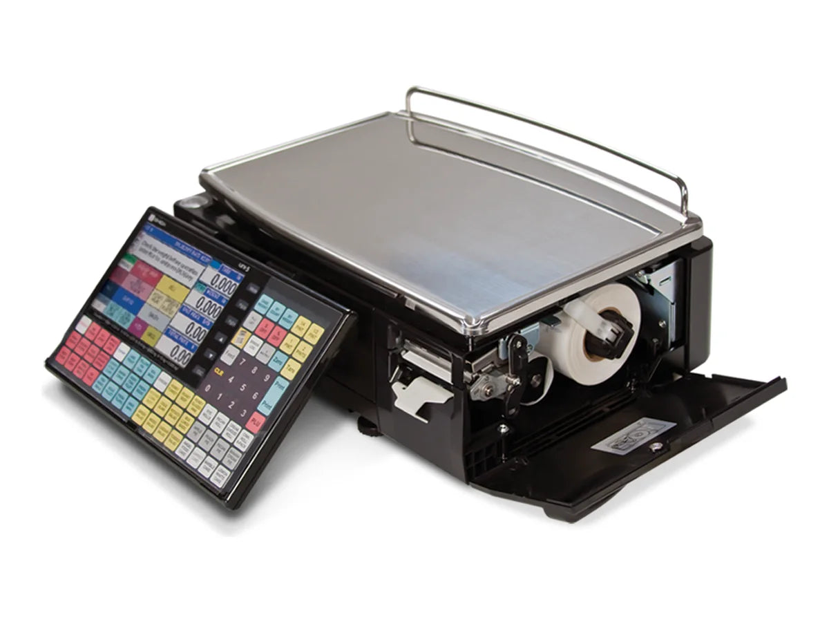 Ishida UNI-5 bench price-computing label-printing scale with a color touchscreen and the side-loading label printer open