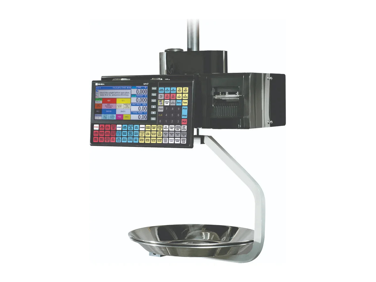 Ishida UNI-7H hanging price-computing label-printing scale with a color touchscreen, preset keys, label printer and hanging platter