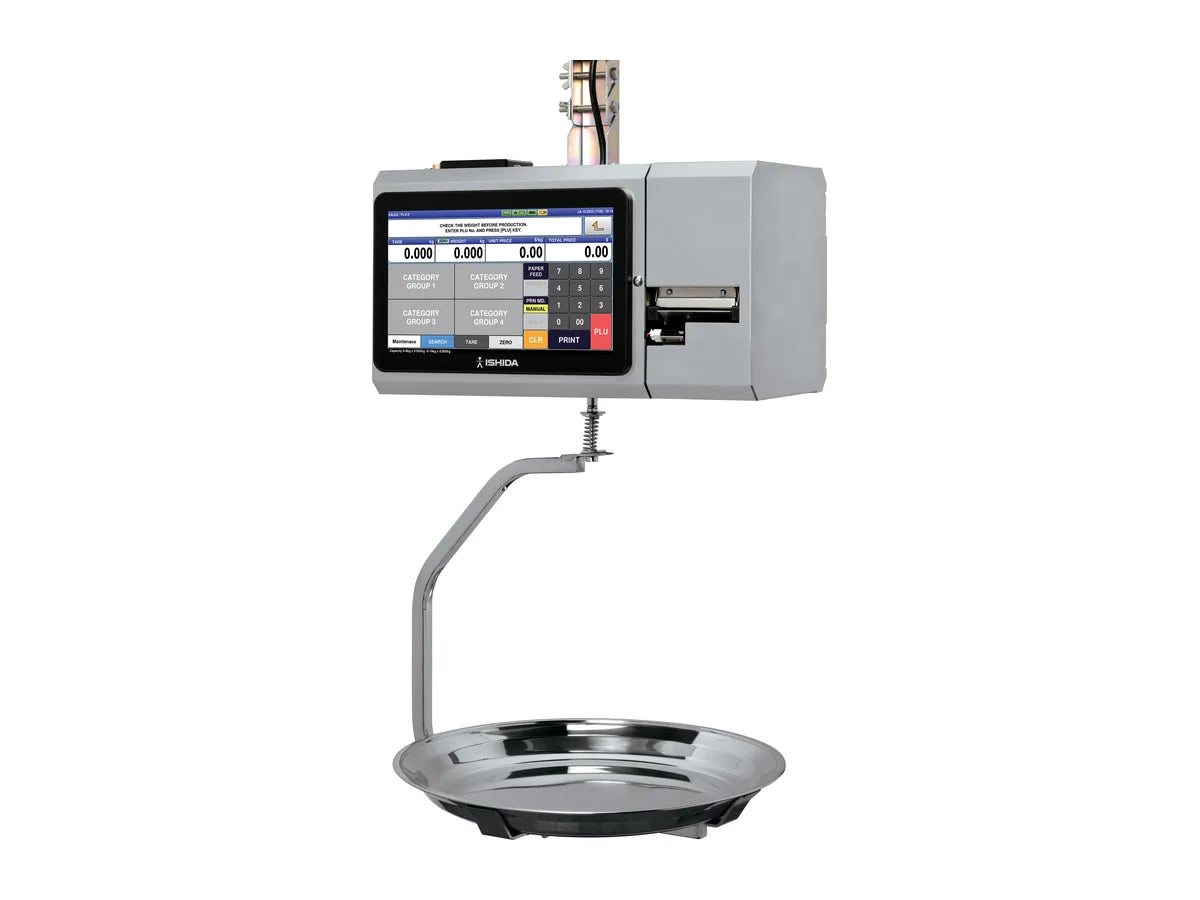 Ishida UNI-8H hanging price-computing label-printing scale with a 10-inch color touchscreen, label printer and round hanging platter